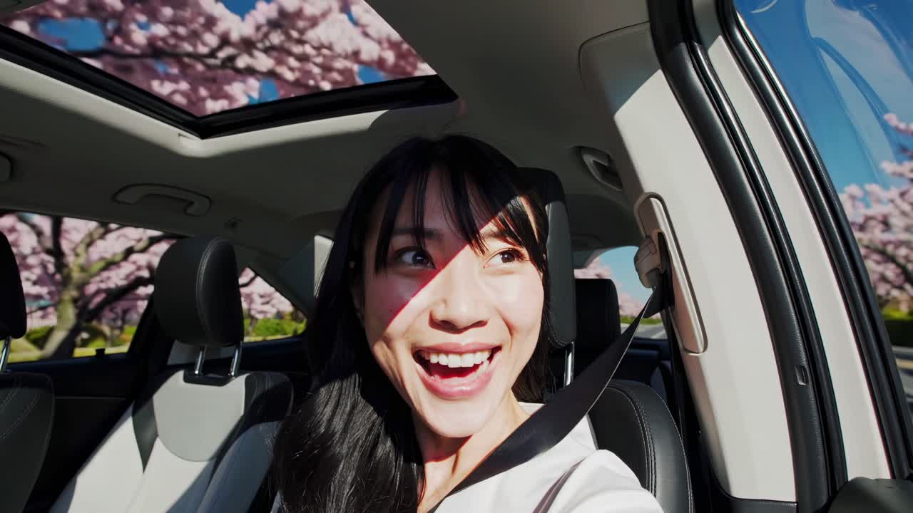 체리 꽃 나무 를 가로질러 운전 하는 여자