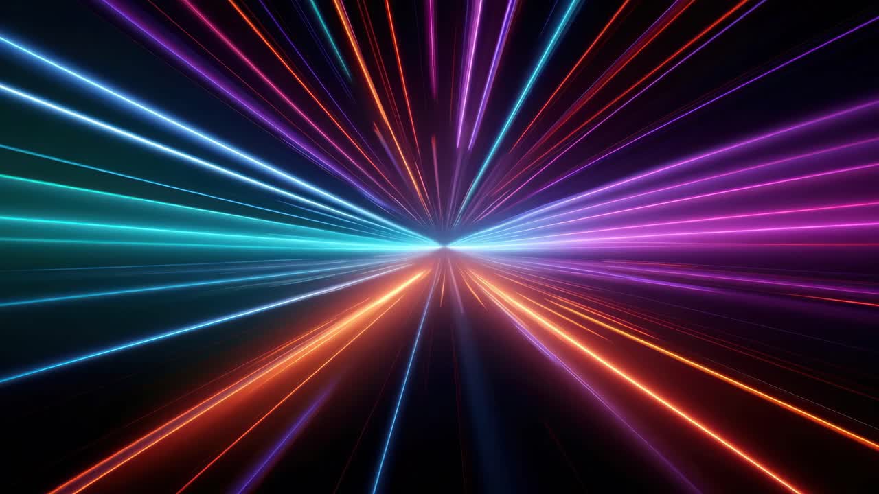 Dynamic video concept with vibrant, multicolored light streaks converging at a central point