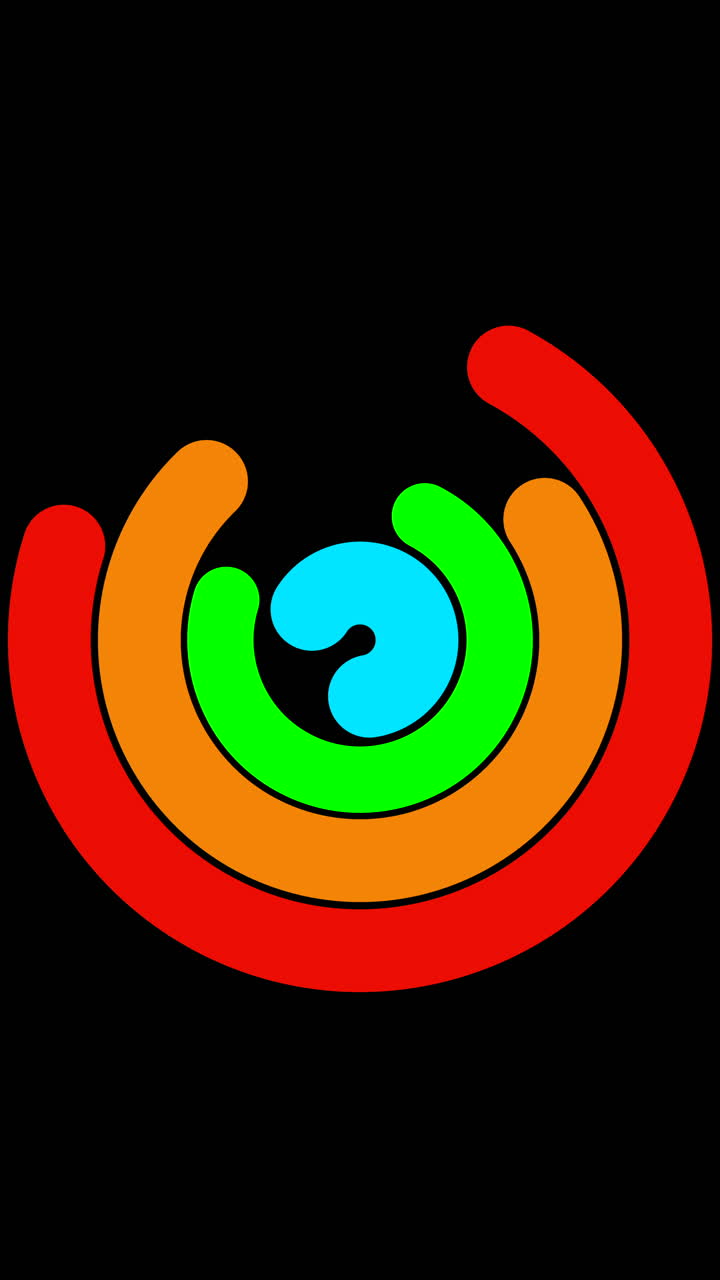 Vibrant red, orange, green, and blue rings spinning in a central loop. Minimalist motion graphic for progress bar or data processing