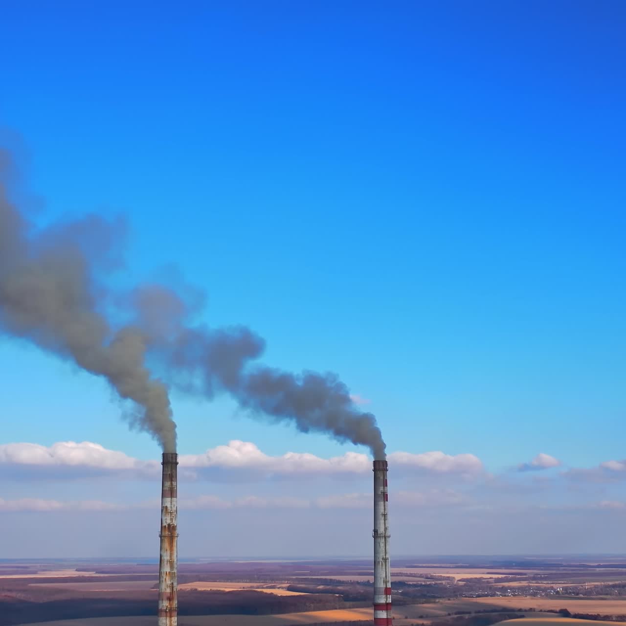Environmental global warming atmosphere. Aerial view of factory polluted ecology