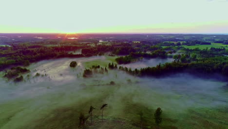 Luftdrohne,-Die-Sich-Rückwärts-über-üppige-Grüne-Felder-Und-Wälder-Unter-Blauem-Himmel-Bei-Sonnenaufgang-über-Dem-Horizont-Bewegt