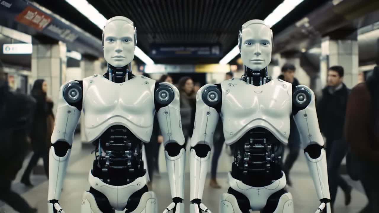 Exploring the Intersection of Humanity and Technology: A Captivating Glimpse of Two Robotic Figures in a Busy Urban Subway Station