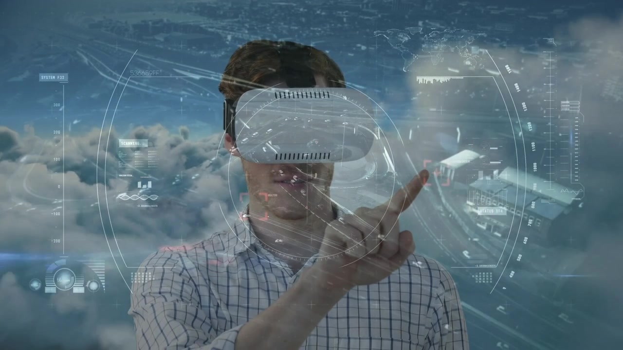 Man Using Virtual Reality Headset with Digital Data Interface
