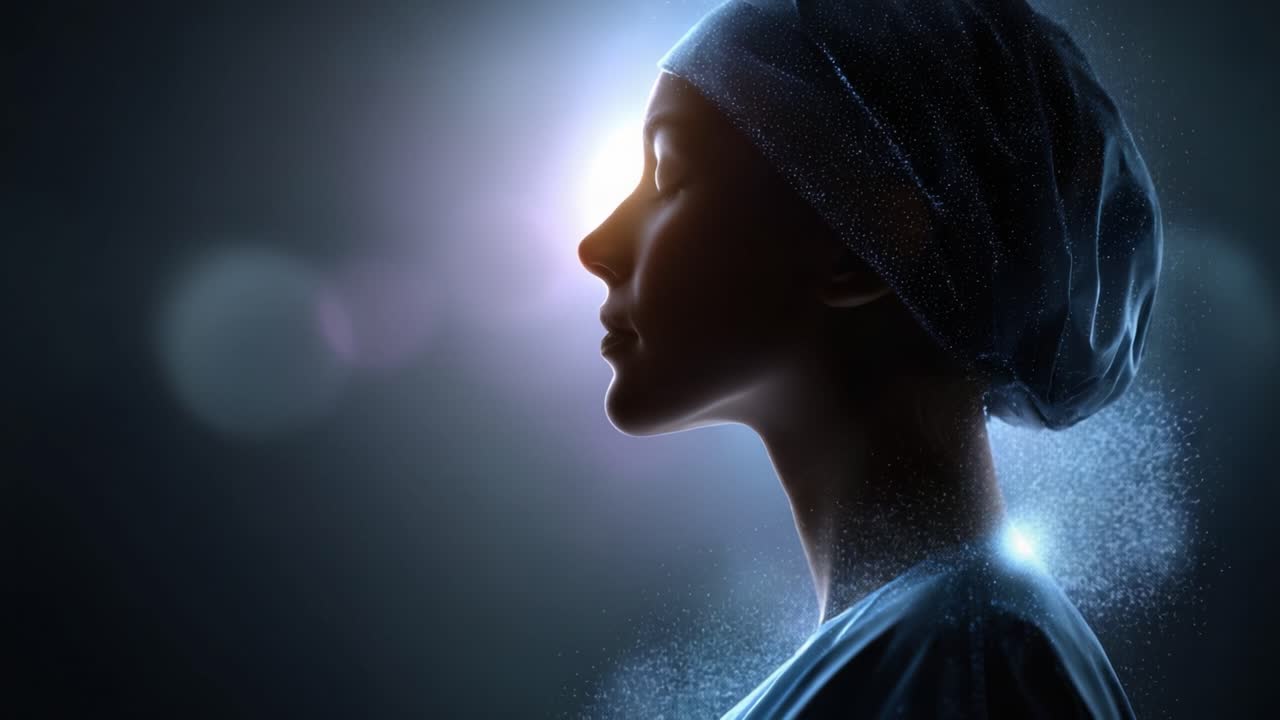 Une silhouette captivante d’une femme de profil, ornée d’un foulard, rayonnant un éclat éthéré au milieu d’un arrière-plan de particules luminescentes et de lumière douce