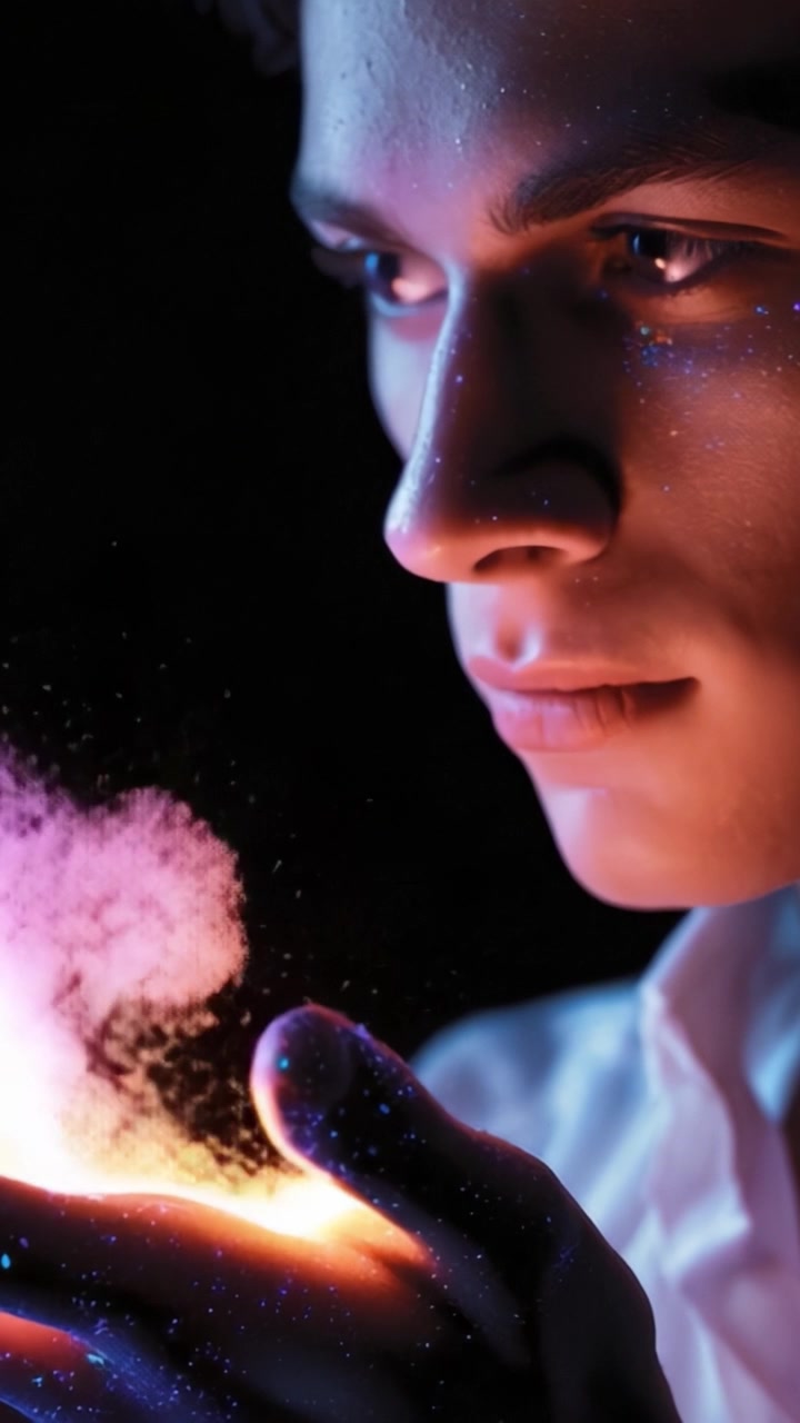 Um Jovem Mergulha nas Energias Místicas da Luz e das Partículas, Capturando a Beleza dos Elementos Cósmicos em Suas Mãos sob Iluminação Etérea