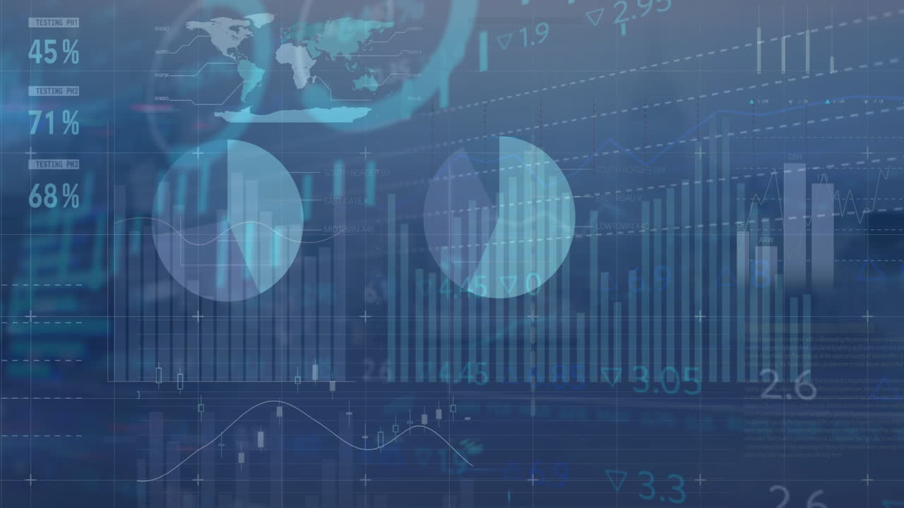 Animation of statistical and stock market data processing against aerial view of cityscape