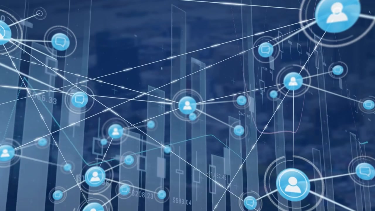 Animation of network of connections with digital icons statistics and data processing