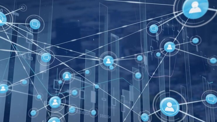 Animation of network of connections with digital icons statistics and data processing