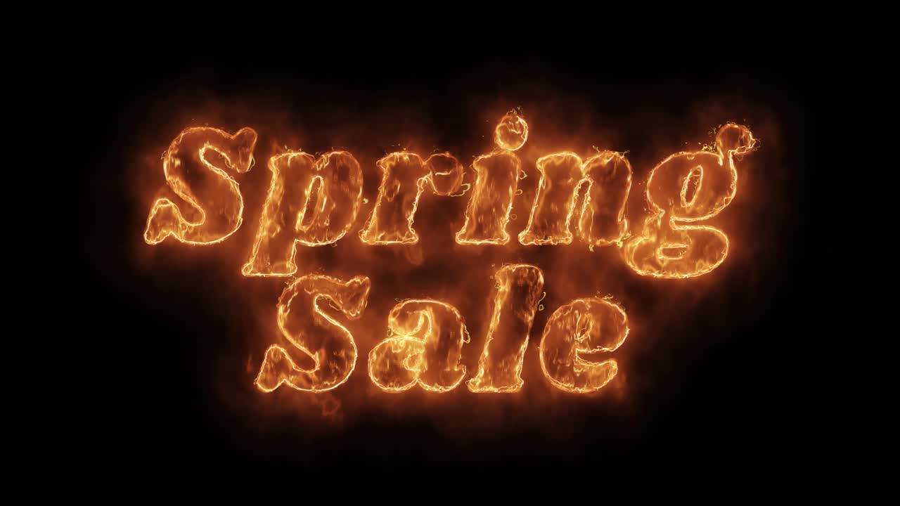 Spring sale word hot animated burning realistic fire flame and smoke seamlessly loop animation on