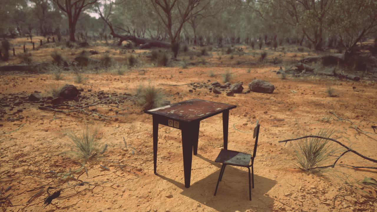 Solitary desk and chair amidst a barren landscape at dusk