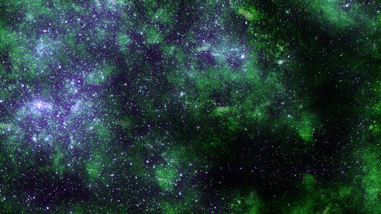 el cielo nocturno estrellado con una vibrante paleta verde y púrpura crea una atmósfera parecida a una nebulosa.