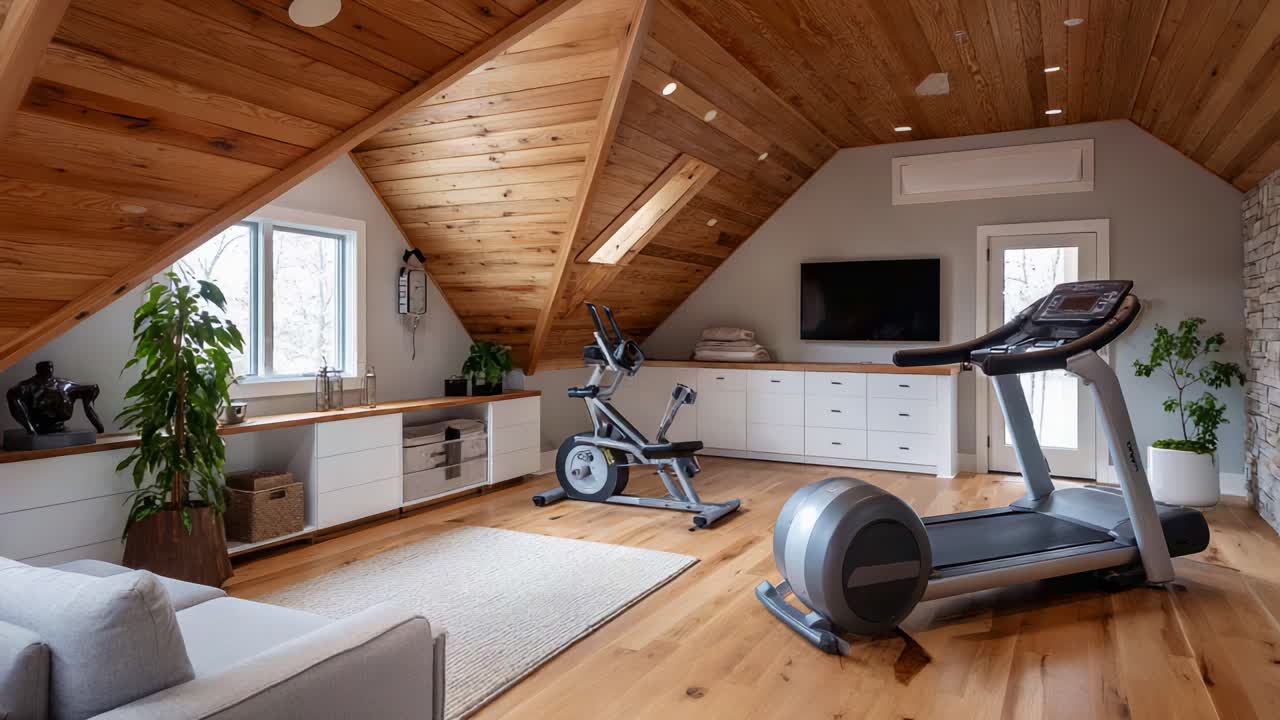 Palestra domestica moderna: uno spazio accogliente e funzionale progettato per fitness e comfort, con attrezzature eleganti e luce naturale che filtra da ampie finestre