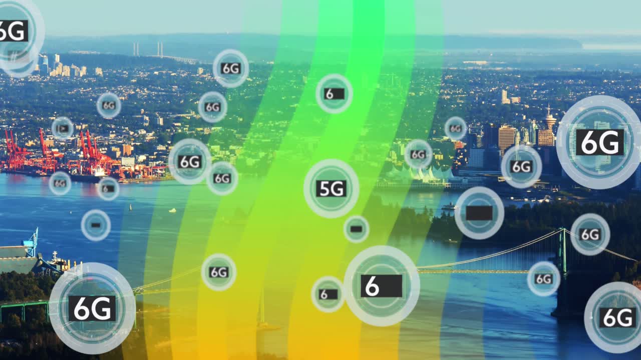 도시 풍경 위의 6g 텍스트 및 라이트 트레일의 애니메이션