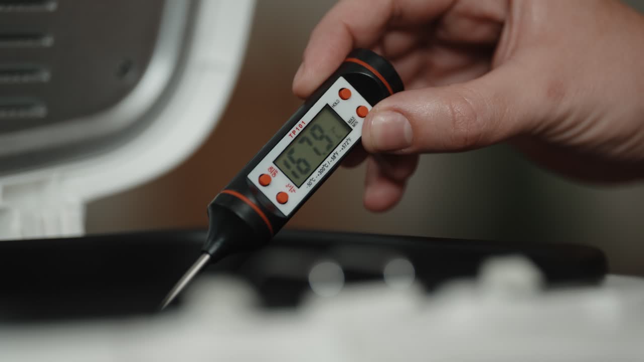 Close up of hand checking food temperature with digital thermometer