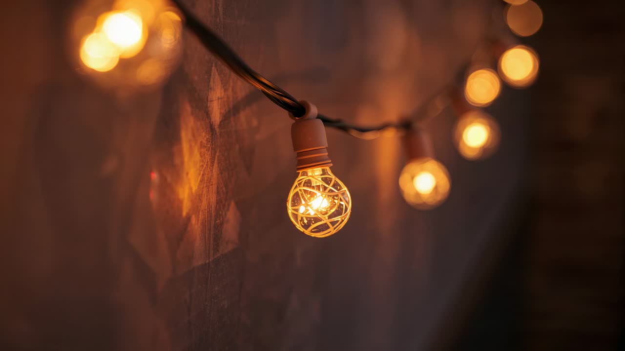 Powering globe bulb hanging from black cord, wire-cage filament flickering on textured wall, bokeh