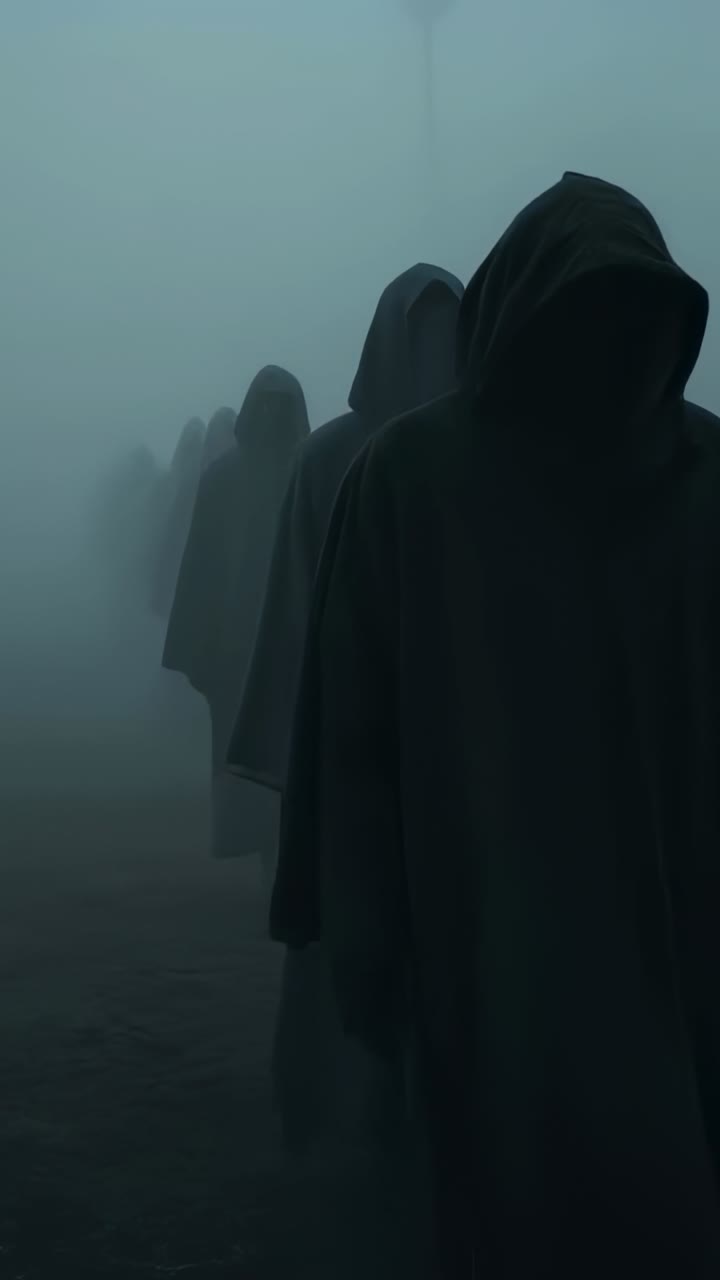 Video verticale: figura incappucciata che cammina avvicinandosi all'obiettivo mentre la clip inizia nella nebbia, guidando un gruppo