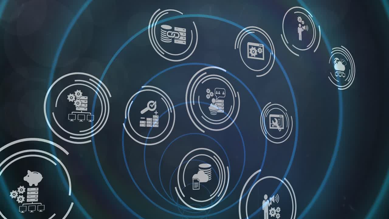 animación de iconos sobre el túnel con formas de neón sobre fondo negro