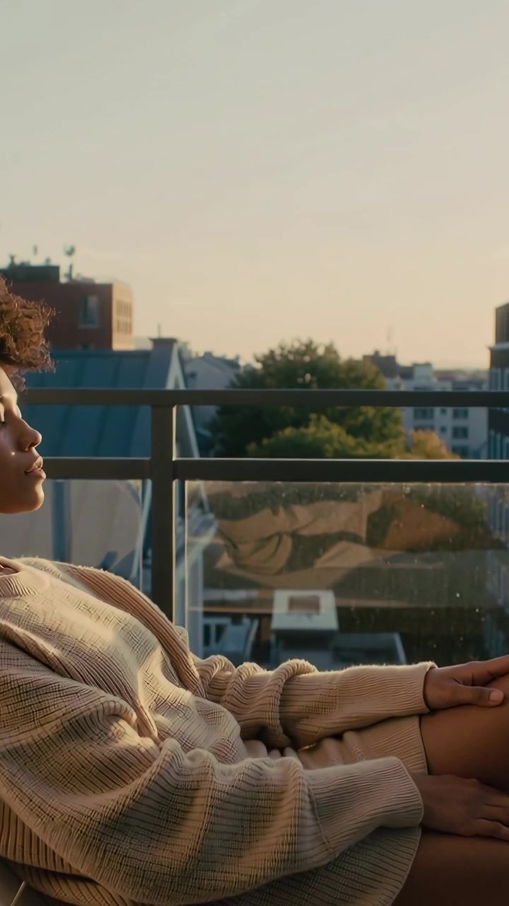 Video verticale: Panoramica che mostra una donna in maglione sdraiata su una poltrona da balcone con ringhiera in vetro, che si crogiola al sole.