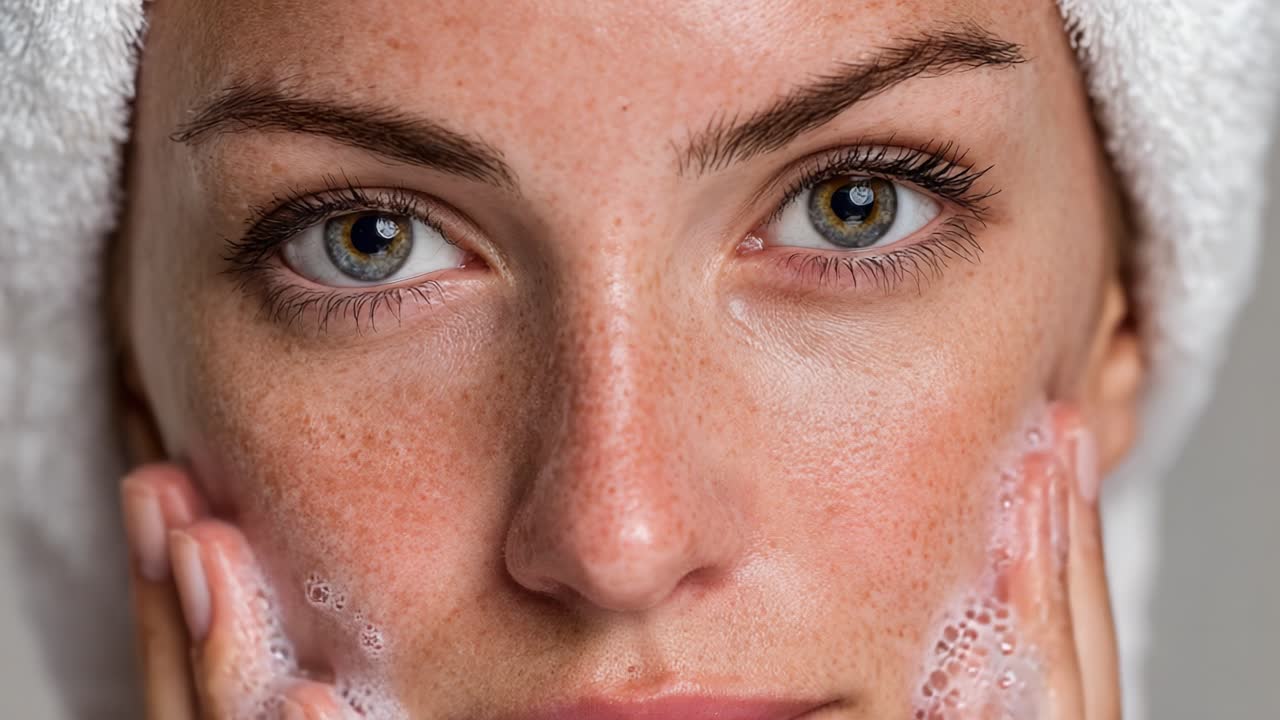 A Close-Up Transformation: Capturing the Journey of a Natural Skincare Routine with Freshly Cleansed Skin and Glowing Complexion