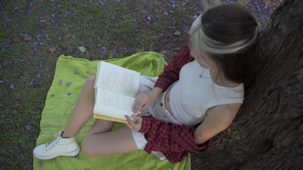 una joven linda leyendo un libro sentada bajo un árbol en la naturaleza al atardecer