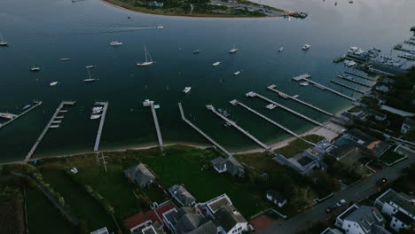aerial drone of edgartown martha's vineyard over harbor at dusk