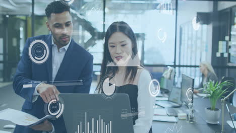 analyzing data, business professionals using digital graphs and charts in animation