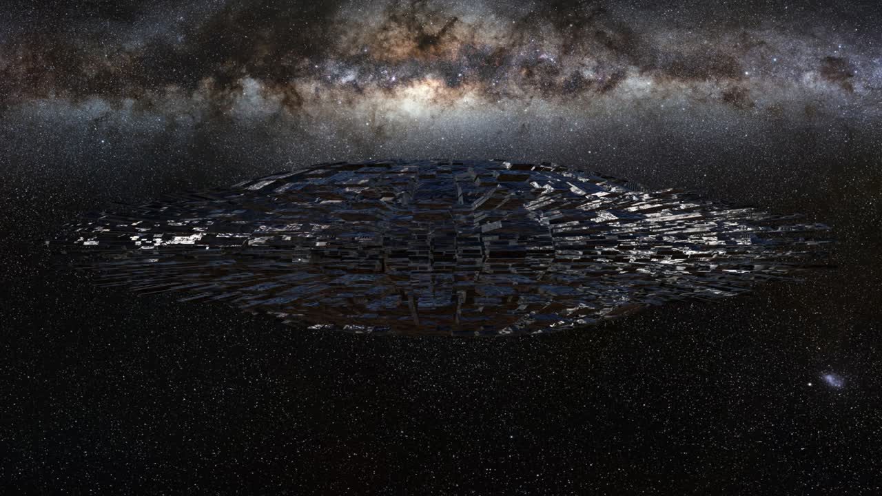 UFO, rotating flying saucer, alien spaceship with extraterrestrial visitors in outer space, 4k loop