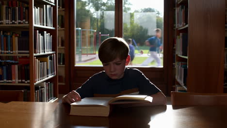 young boy reads in library with outdoor play visible