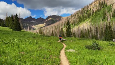 Hiker-backpacker-mountaineer-Needle-Creek-trail-Colorado-Chicago-Basin-Windom-Sunlight-Peak-Mount-North-Eulos-Silverton-San-Juan-Rocky-Mountains-Range-fourteener-camping-outdoors-range-sunny