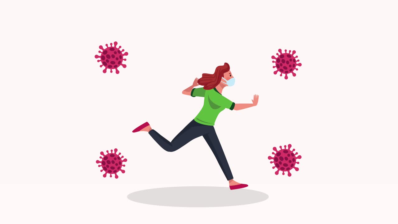 mujer joven con máscara médica corriendo animación