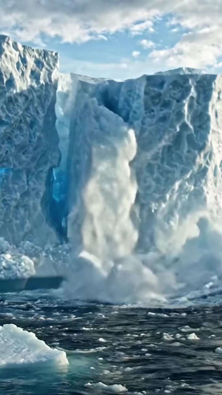 Ghiacciaio immenso che si stacca drammaticamente nell'oceano, rivelando la potenza della natura e le dinamiche climatiche mentre il ghiaccio si sgretola e cade nelle acque turbolente.