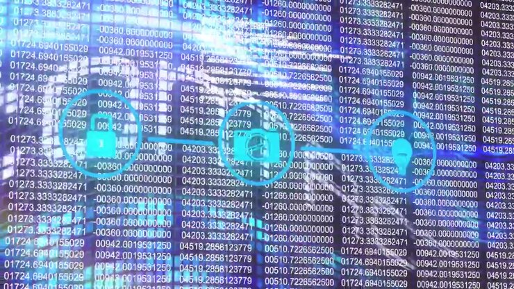 Animation of network of digital icons over contact us text banner and binary coding data processing
