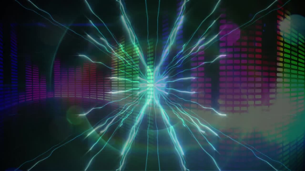 Animazione di punti luminosi e scie di luce con equalizzatore musicale grafico in movimento