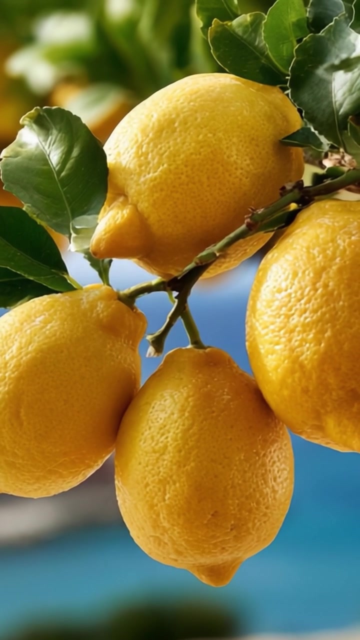 Vivace esposizione di limoni freschi appesi a un ramo in mezzo a uno splendido sfondo naturale, che mostrano il loro brillante colore giallo e il lussureggiante fogliame verde