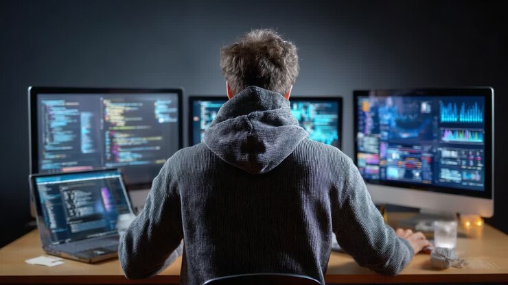 En fokuseret person, der analyserer data på flere skærme i et mørkt rum, omgivet af diagrammer og koder, der repræsenterer moderne teknologi og digital analyse