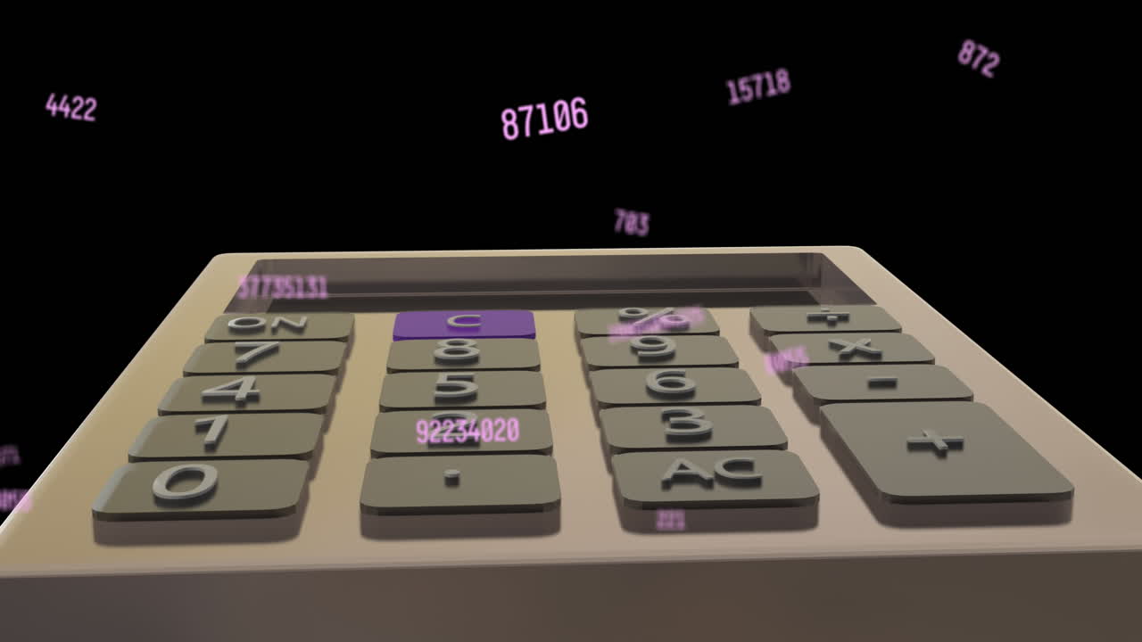 Animation of calculator spinning over numbers on black background