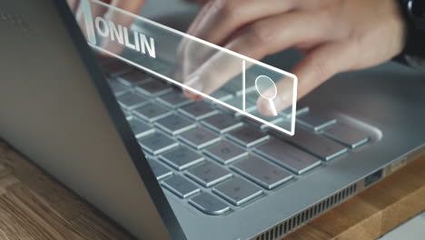 female person searches for online shopping websites on her laptop using a digital input mask