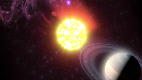 sistema estelar con anillos y nebulosa