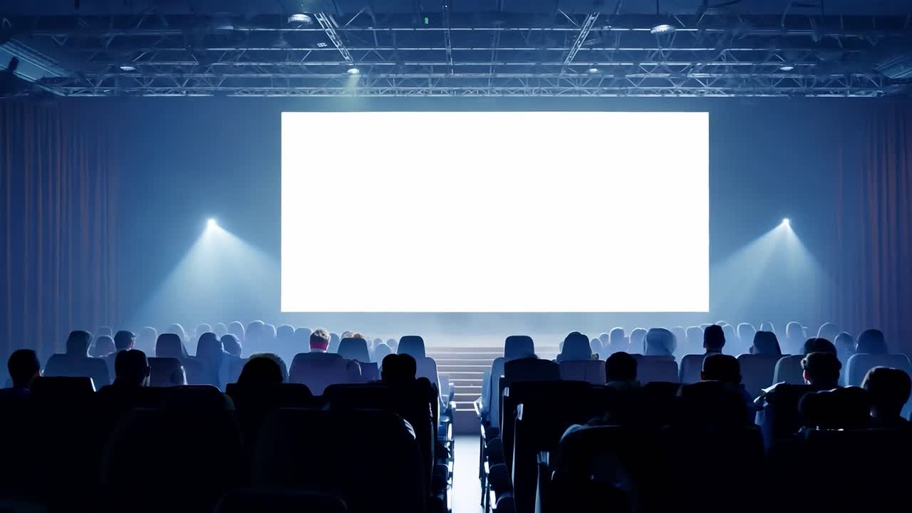 어두운 영화관에서  화면을 보는 관객들은 기대와 호기심의 분위기를 만니다.