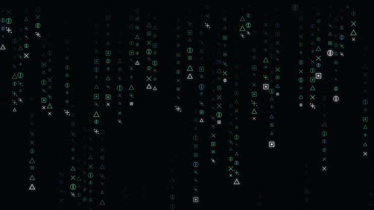 Digital Matrix Rain With Geometric Symbols Falling on Black Background