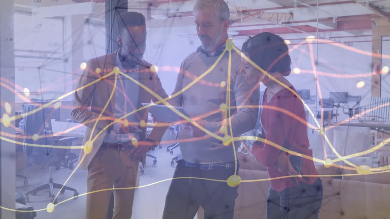 Left colleague pointing, center rotating tablet, team analyzing business data with network overlay