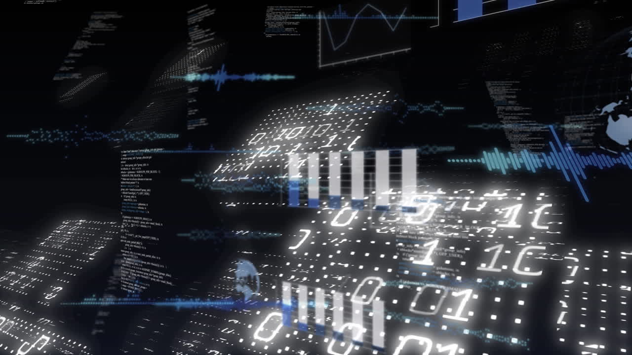 전 세계 화면에서 데이터 처리 및 이진 코딩의 애니메이션