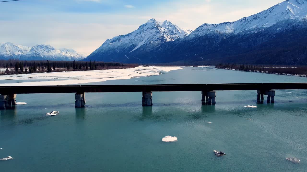 Stunning Aerial View of a Frozen River in the Alaskan Mountains