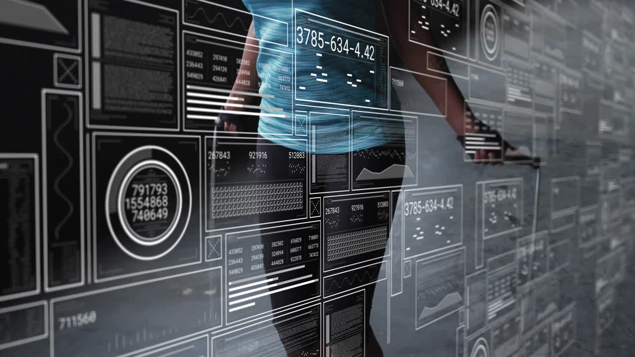 Woman starting jump rope upon translucent fitness data panels sliding in and updating metrics