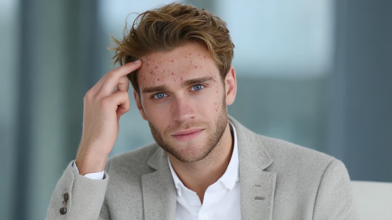 A Thoughtful Young Man Contemplates Life While Touching His Forehead in a Modern Indoor Setting