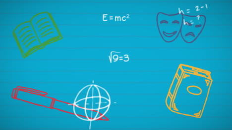 los iconos animados de la escuela y los símbolos matemáticos flotan sobre un fondo de papel alineado.