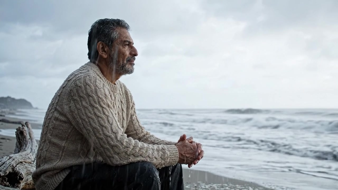 Un momento de reflexión en la orilla: Capturando a un hombre en contemplación mientras las olas del océano van y vienen, evocando emociones de serenidad y soledad