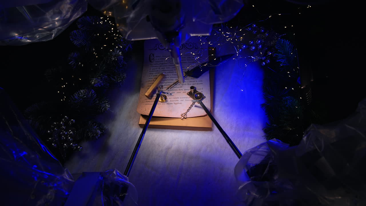 Writing an old-fashioned letter with antique writing appliances by a robot surgeon. Da Vinci robotic arms take a stamp and spoon for wax. Top view. Christmas décor around.