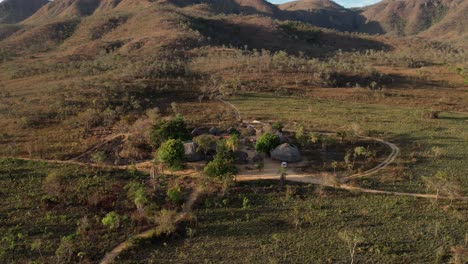 aerial view a beauty village in chapada dos veadeiros "aldeia macaco" hollow-shaped bioconstruction houses cerrado landscape goiás brazil