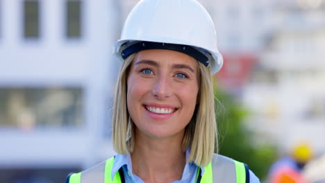 Construction,-smile-and-face-of-woman-in-city